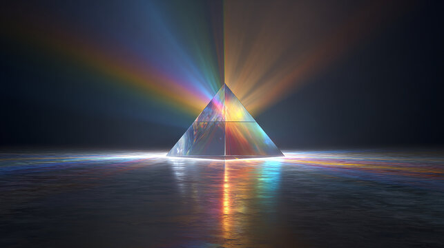 A captivating shot of light refracting through a triangular prism, creating a vibrant spectrum of colors. The play of light and shadow showcases the beauty of physics