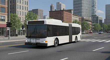 Obraz premium White city bus moving down urban street with modern buildings. Public transportation vehicle in motion on city street with trees and buildings in the background.