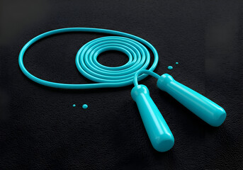 Teal jump rope coiled on a dark surface. Colorful exercise equipment for fitness and wellbeing. Fitness professional equipment for a gym. Studio shot.
