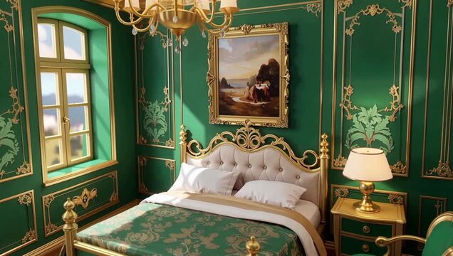 Luxurious Green Ornate Bedroom With Gold Accents And Classical Chandelier.