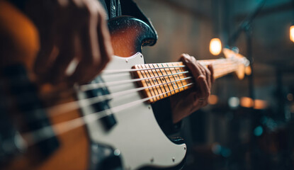 Fototapeta premium Hands playing an electric bass guitar with a glossy wooden body and textured fretboard in a dimly lit setting