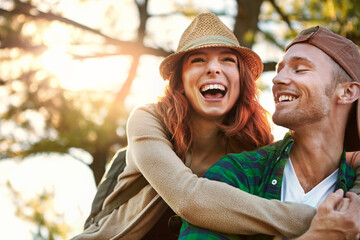 Love, happy man and woman in nature with hug, bonding together and commitment in sightseeing...