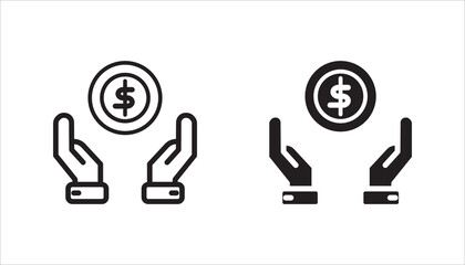Dollar coin, money on hand - conceptual line icon set, with editable stroke. Finance symbol. Vector illustration, on a white background