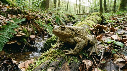 Obraz premium A toad sits on a mossy log in a lush forest.