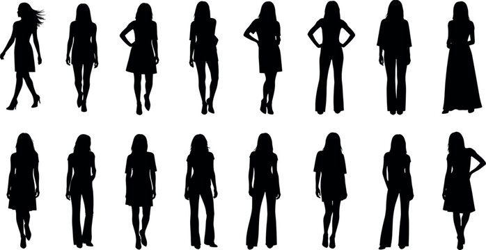 Black female silhouettes in various fashion poses wearing dresses and trousers set of eighteen isolated vector icons on white background