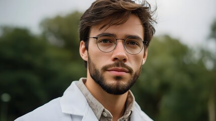 Fototapeta premium Serious man wearing glasses and a white lab coat in an outdoor setting with green foliage background