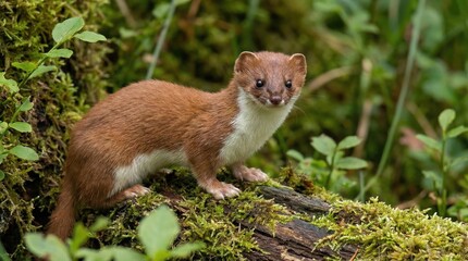 A curious weasel perched on a mossy log.