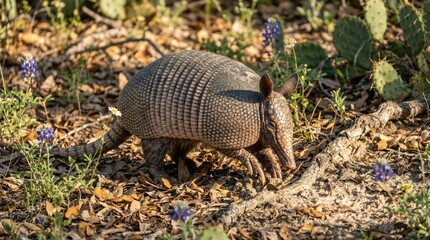 Obraz premium Armadillo foraging in a Texas habitat with wildflowers.