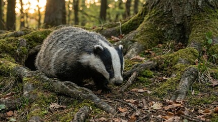 Badger amongst tree roots in a forest setting.