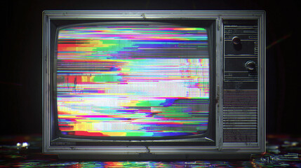 A vintage television with a glitch screen, evoking a sense of nostalgia and technology breakdown