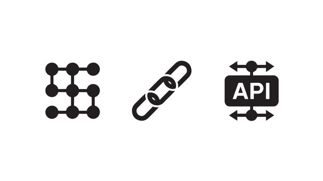 API Integration Symbols in Minimalist Black Silhouette on White Background for Software Development