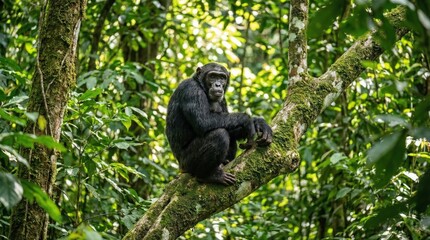 Fototapeta premium Chimpanzee relaxes on a mossy branch in lush jungle.