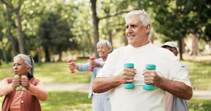 Dumbbell, fitness and class with old man in park for retirement, weightlifting exercise and health club. Muscle growth, wellness and weights with senior people for low impact workout and instructor