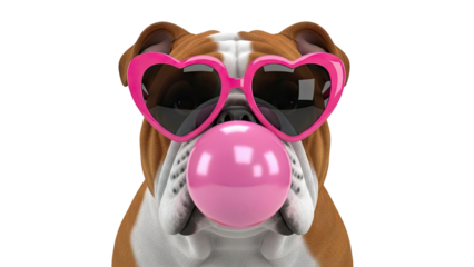 Bulldog wearing heart sunglasses and blowing pink bubblegum