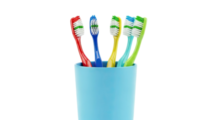Five colorful toothbrushes in a blue holder
