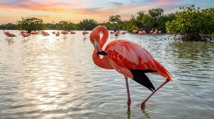 Flamingo wading in serene water at sunset.