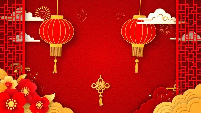 Vibrant Chinese New Year celebration with red lanterns, gold ornaments, and festive clouds in an illustration