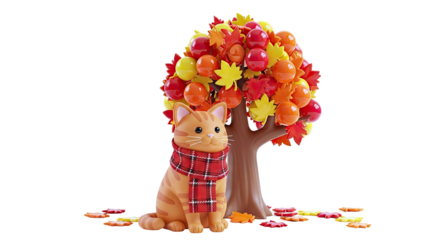Cute Cat with Scarf Under Autumn Tree