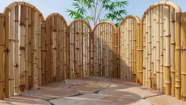 Sunny Bamboo Fence Archway Pathway Through Garden.