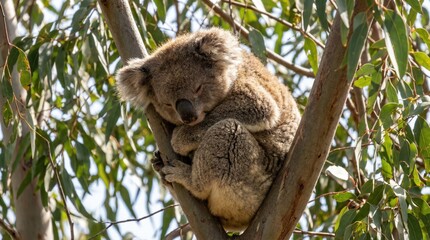 Fototapeta premium Sleeping koala clings to a eucalyptus tree.