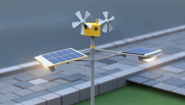 Solar powered weather sensor on rooftop with wind turbine.