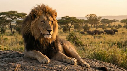 Obraz premium Majestic lion surveys savanna, elephants graze in the distance.