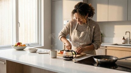 Candid moment of an adult preparing breakfast in a bright modern kitchen with natural morning light.