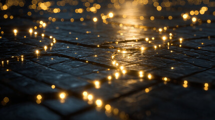 Abstract close-up shot of small lights creating a beautiful design on the surface of brick. The lights are out of focus.