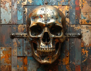 A golden, metallic skull sculpture is mounted on a textured, weathered metal panel with various colors and rivets