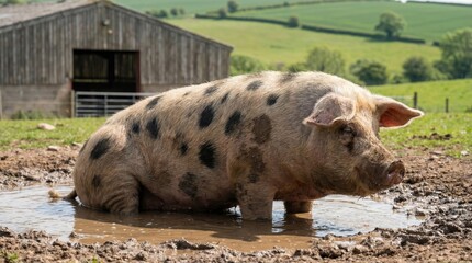 Fototapeta premium Happy pig enjoying a muddy puddle on a farm.