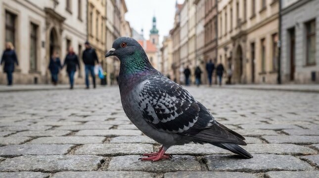 Pigeon perched on cobblestone street with people in background. - Powered by Adobe