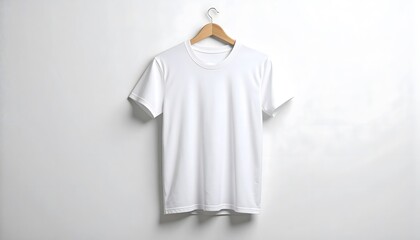 Blank t-shirt mockup hanging on a white wall under soft studio lighting, presenting a clean modern minimalist look ideal for apparel branding, print design, and fashion presentations.