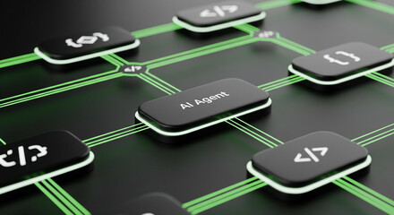 Futuristic AI Agent Concept with Glowing Green Network and Programming Icons 3D Illustration