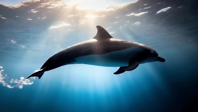 Underwater dolphin gracefully swimming in the deep blue ocean with sunlight.