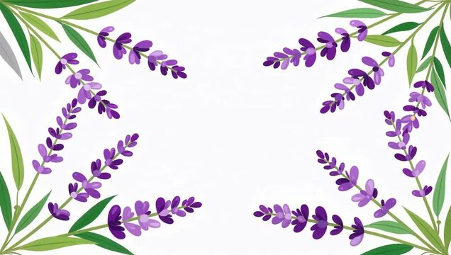 Lavender Sprigs Frame Composition With Purple Flowers In Corners.