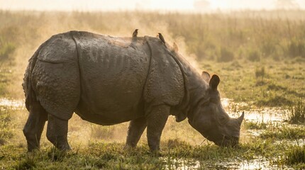 Fototapeta premium Rhino grazing in a grassy wetland habitat.