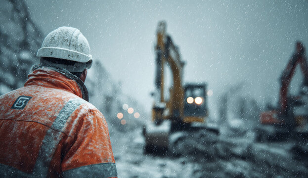 Construction worker wearing an orange safety jacket and white helmet operating heavy machinery in snowy weather
