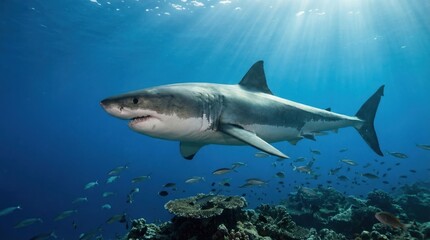 Obraz premium Majestic great white shark swims through coral reef waters.