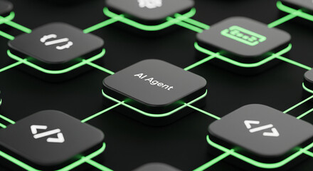 ​AI Agent Concept in Digital Network Grid with Glowing Green Connections - 3D Render Illustration