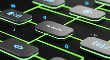​AI Agent Digital Workflow Concept with Coding Icons and Glowing Network - 3D Render Illustration