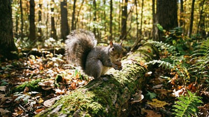 Obraz premium Squirrel enjoys a snack on a mossy log in woods.