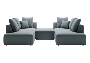 Modern gray sofa set with pillows and chaise longue furniture for living room decor isolated on transparent background