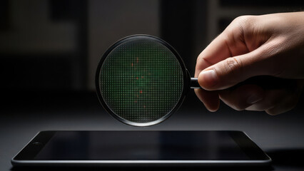 Hand holding magnifying glass over digital screen showing RGB pixels. scrutinizing the digital or searching for truth concept.