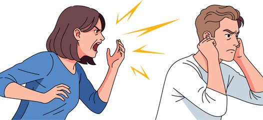 Furious woman in a blue shirt aggressively shouting at a man covering his ears during an argument.