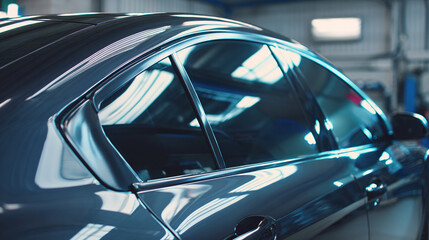 Fototapeta premium A side view of a sleek, dark-colored car parked in a workshop setting, showcasing its reflective windows
