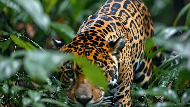 A majestic jaguar stealthily observes from within lush green foliage in the jungle.