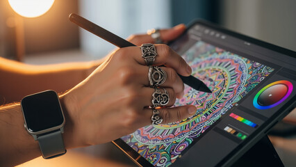Creative hands holding a stylus and tablet while drawing colorful artwork  
