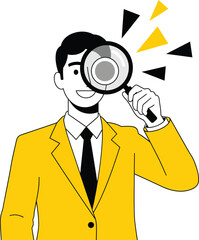 Line art illustration of a smiling businessman in a yellow suit searching with a large magnifying glass.