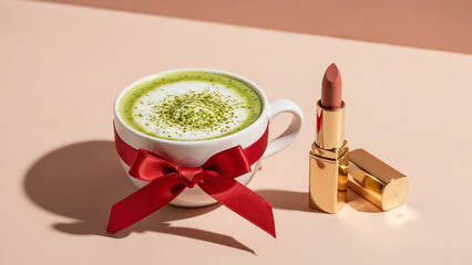 Crimson silk ribbon tied around a small cup of matcha latte with nude lipstick nearby