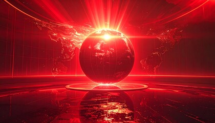 A dramatic, futuristic scene of the Earth suspended within a red-lit studio environment. Globe surrounded by glowing lines and a world map